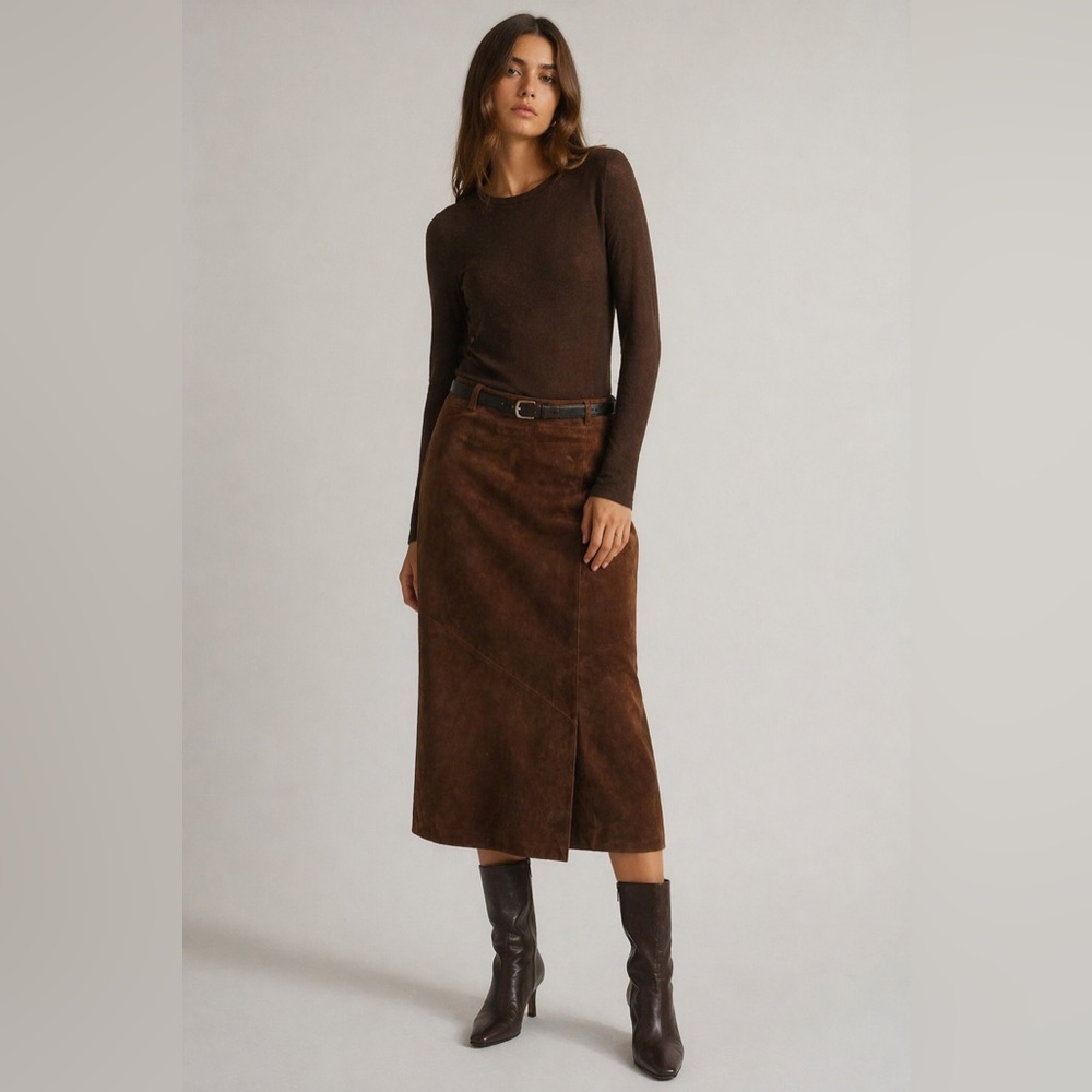 Vintage brown leather suede skirt column fit front slit. Size 8.